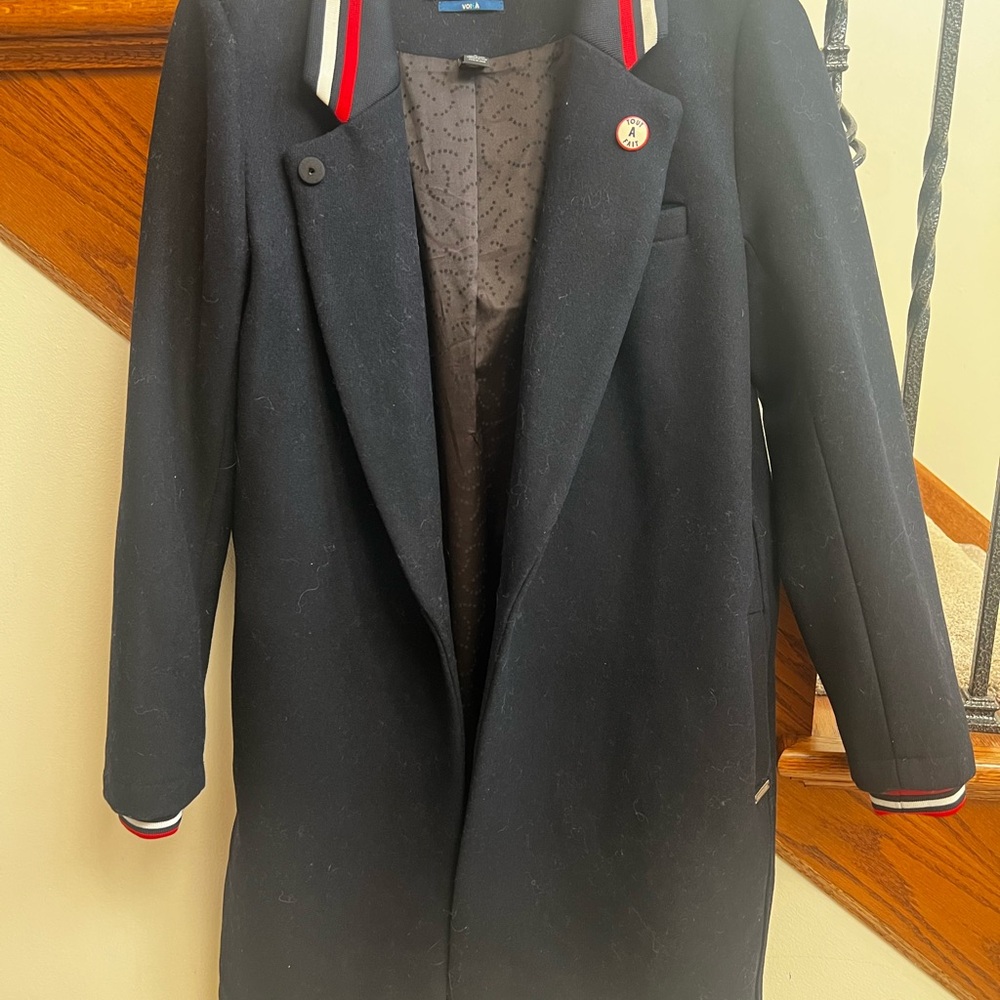 Women’s Scotch & Soda Navy Wool Coat with Red Accents Size Large